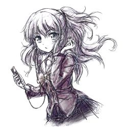 Rule 34 | 10s, 1girl, absurdres, bow, bowtie, charlotte (anime), derivative work, digital media player, earphones, gata2013, highres, ipod, long hair, looking at viewer, monochrome, ponytail, sailor collar, school uniform, sketch, solo, tomori nao, traditional media, white background