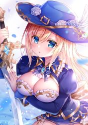 Rule 34 | 1girl, :o, blonde hair, blue bow, blue eyes, blue flower, blue hat, blue jacket, blue rose, blue skirt, blush, bow, breasts, cleavage, commentary request, copyright request, feathers, flower, hair between eyes, hat, hat feather, hat flower, holding, holding sword, holding weapon, jacket, juliet sleeves, long hair, long sleeves, looking at viewer, medium breasts, mitsuba choco, parted lips, puffy sleeves, rose, skirt, solo, striped, striped bow, sword, very long hair, weapon, white feathers, white flower, white rose