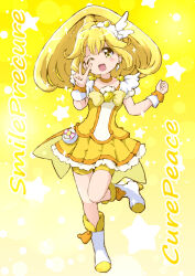 Rule 34 | 1girl, ;d, bike shorts under skirt, blonde hair, boots, bow, choker, cure peace, earrings, feather earrings, feathers, full body, hair flaps, highres, itommy, jewelry, kise yayoi, magical girl, one eye closed, open mouth, precure, shorts, skirt, smile, smile precure!, standing, standing on one leg, v, wide ponytail, yellow bow, yellow choker, yellow eyes, yellow shorts, yellow skirt, yellow theme