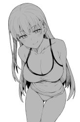 Rule 34 | 1girl, absurdres, arms behind back, bare shoulders, bb (fate), bb (fate/extra), blush, breasts, cleavage, collarbone, commentary request, fate/grand order, fate (series), greyscale, highres, jp06, large breasts, long hair, looking at viewer, monochrome, panties, shirt, simple background, smile, solo, underwear, underwear only, white background