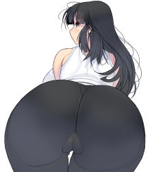 Rule 34 | 1girl, absurdres, ass, ass focus, bare shoulders, black hair, black pants, blue eyes, blunt bangs, cameltoe, from behind, highres, huge ass, kouno (masao), long hair, looking at viewer, looking back, original, pants, solo, tight clothes, tight pants, white background, wide hips