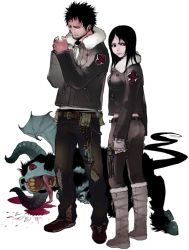 Rule 34 | 1boy, 1girl, arms at sides, black hair, blood, boots, cross-laced footwear, cupping hands, death, facial hair, finger on trigger, full body, gun, handgun, jewelry, kazue kato, lace-up boots, midriff peek, monster, necklace, original, own hands together, parted bangs, pocket, prototype design, revolver, spiked hair, standing, stubble, torn clothes, weapon