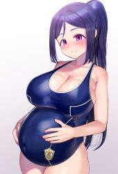 Rule 34 | blue hair, blush, breasts, cleavage, egao (sikorsky), hands on stomach, high ponytail, large breasts, long hair, love live!, love live! sunshine!!, matsuura kanan, ponytail, pregnant, purple eyes, school swimsuit, sidelocks, smile, swimsuit