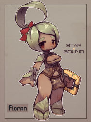 Rule 34 | 1girl, blush, border, breasts, brown background, cleavage, cleavage cutout, clothing cutout, copyright name, crab man, dark-skinned female, dark skin, floran, full body, green hair, jitome, leaf, long hair, looking at viewer, matter manipulator, monster girl, plant girl, ponytail, scrunchie, shoes, simple background, solo, star (symbol), starbound, swept bangs, very long hair