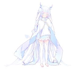 Rule 34 | 1girl, absurdly long hair, animal ears, antlers, barefoot, blunt bangs, blush, bow, closed mouth, colored eyelashes, dress, full body, hacuubii, hands up, highres, horns, long hair, long sleeves, looking at viewer, multicolored eyes, original, qilin (mythology), signature, sleeves past wrists, solo, standing, thighhighs, toeless legwear, transparent background, very long hair, white hair, white thighhighs, wide sleeves