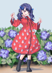 Rule 34 | 1girl, absurdres, blue hair, blurry, blurry background, blush, boots, clenched hands, coat, collared shirt, commentary request, darumaya (azarasidesuyone), flower, fukumaru koito, highres, hood, hooded coat, hydrangea, idolmaster, idolmaster shiny colors, long sleeves, neck ribbon, open mouth, outdoors, purple eyes, purple flower, raincoat, raindrop print, red coat, ribbon, rubber boots, shadow, shirt, twintails, white shirt