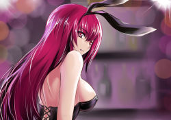 Rule 34 | 1girl, animal ears, black hairband, breasts, covered erect nipples, fake animal ears, fate/grand order, fate (series), fengya, from behind, hair between eyes, hairband, large breasts, lens flare, leotard, long hair, looking at viewer, official alternate costume, parted lips, playboy bunny, rabbit ears, red eyes, red hair, scathach (fate), scathach (piercing bunny) (fate), sideboob, solo, strapless, upper body, very long hair
