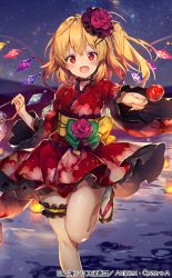 Rule 34 | blonde hair, candy apple, flandre scarlet, flandre scarlet (yukata), flower, food, hair flower, hair ornament, hairclip, japanese clothes, kimono, night, night sky, red eyes, riichu, side ponytail, sky, standing, standing on one leg, touhou, touhou cannonball, water, yukata
