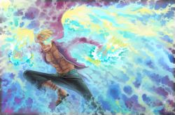 Rule 34 | 10s, 1boy, 2012, abs, blonde hair, blue eyes, blue fire, fiery wings, fire, long sleeves, male focus, marco (one piece), one piece, open clothes, open shirt, purple shirt, shirt, short hair, signature, smile, solo, supario, tattoo, wings