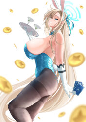 Rule 34 | 1girl, absurdres, animal ears, asuna (blue archive), asuna (bunny) (blue archive), bare shoulders, black pantyhose, blonde hair, blue archive, blue eyes, blue halo, blue leotard, blue ribbon, breasts, coin, commentary request, fake animal ears, gloves, hair ribbon, halo, highres, kztm, large breasts, leotard, looking at viewer, official alternate costume, pantyhose, playboy bunny, rabbit ears, ribbon, simple background, smile, solo, standing, white background, white gloves