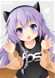 Rule 34 | 1girl, :3, :d, animal ears, artist name, black skirt, blue eyes, blush, braid, cardigan, cat ears, claw pose, clothes writing, collarbone, commentary, commission, fake animal ears, grey background, hair between eyes, head tilt, heart, ikazu401, long hair, looking at viewer, off shoulder, open mouth, original, purple hair, skirt, smile, solo, tareme, upper body, very long hair