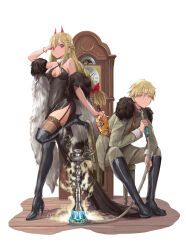 Rule 34 | 1boy, 1girl, absurdres, alcohol, blonde hair, boots, bottle, braid, breasts, brown thighhighs, cape, chainsaw man, chair, cleavage, cleavage cutout, clock, clothing cutout, commentary, criss-cross halter, cross-shaped pupils, crown braid, denji (chainsaw man), frown, fur-trimmed jacket, fur cape, fur collar, fur trim, garter straps, grandfather clock, halterneck, high heel boots, high heels, highres, holding, holding bottle, holding smoking pipe, horns, jacket, kiunchiku, knee boots, long hair, low-tied long hair, medium breasts, power (chainsaw man), red eyes, red horns, side slit, sitting, smoke, smoking pipe, standing, standing on one leg, symbol-shaped pupils, thigh boots, thighhighs, whiskey, yellow eyes