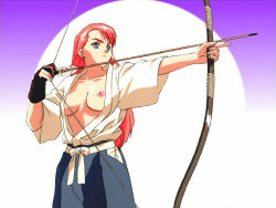 Rule 34 | 1girl, aiming, arrow (projectile), bow, bow (weapon), breasts, copyright request, drawing bow, gloves, holding, holding bow (weapon), holding weapon, large breasts, long hair, nipples, no bra, open clothes, pink hair, short sleeves, single glove, solo, weapon, yamada masaki