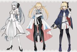 Rule 34 | 3girls, ahoge, artoria caster (fate), artoria caster (second ascension) (fate), artoria pendragon (all), artoria pendragon (fate), black gloves, blonde hair, blue eyes, blush, bow, braid, breasts, cloak, cosplay, costume switch, detached sleeves, dress, euhage73, fang, fate/grand order, fate (series), gloves, green eyes, hair bow, high heels, highres, long hair, morgan le fay (fate), multiple girls, ponytail, saber lily, sheath, silver hair, simple background, sword, thighhighs, twintails, two-tone cape, very long hair, weapon, weapon on back, white dress, white gloves