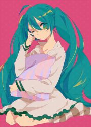 Rule 34 | 1girl, ahoge, bad id, bad pixiv id, dress, green hair, hatsune miku, long hair, pillow, simple background, sitting, socks, solo, striped, twintails, very long hair, vocaloid, wings