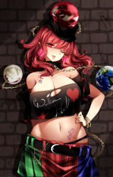 Rule 34 | 1girl, absurdres, bare shoulders, belt, bracelet, breast tattoo, breasts, brick wall, chain, choker, cleavage, clothes pull, clothes writing, collarbone, commentary request, cowboy shot, crop top, crop top overhang, earth (ornament), eyelashes, gold bracelet, gold chain, hand on own hip, hecatia lapislazuli, highres, jewelry, large breasts, looking at viewer, medium hair, midriff, moon (ornament), multicolored clothes, multicolored skirt, naughty face, navel, no bra, one eye closed, open fly, panties, pointy ears, raptor7, red eyes, red hair, shirt, skirt, skirt pull, skull tattoo, smile, tattoo, torn clothes, torn shirt, touhou, underwear