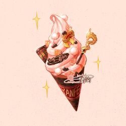Rule 34 | book, character name, commentary request, food, food focus, foodification, genshin impact, highres, ice cream, no humans, pink background, pom pom (clothes), sparkle, weiyikande, yanfei (genshin impact)
