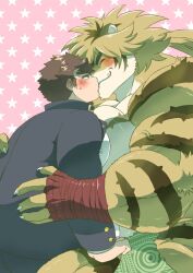 Rule 34 | 2boys, animal ears, animal nose, bandaged hand, bandages, bara, belly, blonde hair, blush, brown eyes, brown hair, claws, closed eyes, furry, furry male, gakuran, highres, hug, jacket, kiss, kusarikake, loincloth, looking at another, macan (housamo), male focus, multiple boys, muscular, muscular male, open clothes, open jacket, pectoral press, pink background, plump, ponytail, protagonist 5 (housamo), puffy chest, school uniform, short hair, snout, star (symbol), starry background, sweatdrop, thick eyebrows, tiger boy, tiger ears, tokyo houkago summoners, tusks, yaoi, yellow fur