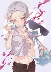 Rule 34 | 1girl, absurdres, blush, closed mouth, crop top, elf, glasses, highres, hxxg, looking at viewer, midriff peek, mushoku tensei, navel, open fly, pointy ears, red eyes, shirt, short hair, solo, sunglasses, sylphiette (mushoku tensei), unbuttoned, white hair