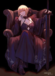 Rule 34 | 1girl, absurdres, armchair, artoria pendragon (all), artoria pendragon (fate), bad id, bad pixiv id, black bow, black dress, black footwear, blonde hair, boots, bow, braid, breasts, chair, closed mouth, commentary, crossed legs, crown braid, dress, excalibur morgan (fate), fate/grand order, fate (series), hair bow, hand to own mouth, highres, holding, holding sword, holding weapon, jinlin, long dress, long sleeves, looking at viewer, revision, saber alter, sheath, sheathed, sidelocks, sitting, small breasts, solo, sword, weapon, yellow eyes