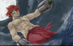 Rule 34 | 1boy, abs, bad id, bad pixiv id, brass knuckles, facial mark, full moon, grey eyes, grey sky, hair between eyes, houshin engi, male focus, moon, muscular, nataku, night, night sky, outstretched arm, pectorals, red hair, sky, solo, topless male, user camw4557, weapon