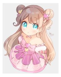 Rule 34 | 1girl, :o, absurdres, bare shoulders, blue eyes, blush, brown hair, copyright request, double bun, dress, grey background, hair bun, hair ornament, heart, heart hair ornament, highres, long hair, looking at viewer, parted lips, pink dress, pleated dress, puffy short sleeves, puffy sleeves, short sleeves, signature, sofra, solo, strapless, strapless dress, two-tone background, two side up, very long hair, white background