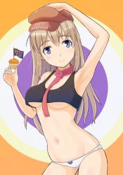 Rule 34 | 1girl, armpits, birthday, black tank top, blonde hair, blue eyes, blush, breasts, closed mouth, collarbone, dated, food, happy birthday, hat, highres, keicha (kmoekaki), long hair, looking at viewer, medium breasts, muffin, navel, no bra, panties, red scarf, scarf, shiny skin, skindentation, smile, solo, standing, strike witches, strike witches: katayoku no majo-tachi, tank top, underboob, underwear, white panties, wilma bishop, world witches series