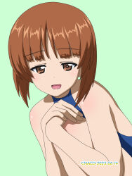 Rule 34 | 1girl, blue one-piece swimsuit, blush, brown eyes, brown hair, girls und panzer, highres, naotosi, nishizumi miho, one-piece swimsuit, open mouth, short hair, smile, solo, swimsuit