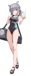 Rule 34 | 1girl, animal ear fluff, animal ears, bag, bare arms, bare legs, bare shoulders, blue archive, blue eyes, competition school swimsuit, cross, duffel bag, grey hair, halo, heterochromia, highres, inverted cross, looking at viewer, sandals, school swimsuit, shiroko (blue archive), shiroko (swimsuit) (blue archive), simple background, solo, swimsuit, user mfjc3243, white background, wolf ears