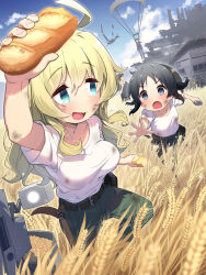 Rule 34 | &lt;o&gt; &lt;o&gt;, 1boy, 3girls, :d, absurdres, ahoge, aircraft, airplane, beard stubble, belt, bitten, black eyes, black hair, blonde hair, blue eyes, blue sky, bread, breasts, chasing, chito (shoujo shuumatsu ryokou), cigarette, closed eyes, cloud, collarbone, combat helmet, commentary, cowlick, d:, dirty, dirty clothes, dirty face, dot nose, facial hair, factory, field ration, floating hair, food, foreshortening, glasses, glint, green pants, grey pants, helmet, highres, holding, holding cigarette, holding food, holster, ishii (shoujo shuumatsu ryokou), kanazawa (shoujo shuumatsu ryokou), kettenkrad, kuromasu, long hair, long sleeves, looking at another, looking back, looking to the side, medium breasts, military, military uniform, multiple girls, open mouth, outdoors, pants, parachute, ponytail, shirt, short hair, short sleeves, shoujo shuumatsu ryokou, sky, small breasts, smile, stubble, sweat, two side up, uniform, wheat, wheat field, white shirt, yuuri (shoujo shuumatsu ryokou)