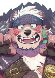 Rule 34 | 1boy, ainu clothes, animal ears, bara, bear boy, bear ears, black nails, brown fur, chest hair, claw pose, commentary request, facepaint, fangs, furry, furry male, green eyes, headband, highres, kimun kamui (housamo), male focus, muscular, muscular male, open mouth, pelt, red pupils, scar, scar on face, scar on mouth, sharp teeth, short hair, simple background, smile, solo, teeth, tokyo houkago summoners, upper body, watoson (tontonwatoson), white background, white hair