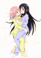 Rule 34 | 10s, 2girls, akemi homura, ass, ass grab, barefoot, bed sheet, blush, bow, female focus, frottage, fujikawa daichi, grabbing another&#039;s ass, groping, hair down, hand on another&#039;s chest, highres, hug, kaname madoka, leg between thighs, leg lock, long hair, lying, mahou shoujo madoka magica, mahou shoujo madoka magica (anime), multiple girls, official style, on bed, on side, pajamas, pink eyes, pink hair, purple eyes, purple hair, yuri