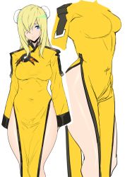 Rule 34 | 1girl, ashiomi masato, blonde hair, blue eyes, breasts, china dress, chinese clothes, closed mouth, double bun, dress, fingerless gloves, gloves, guilty gear, guilty gear xrd, hair bun, long hair, looking at viewer, millia rage, side slit, simple background, solo, white background