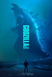 Rule 34 | 1girl, beach, bioluminescence, dinosaur, energy, epic, fog, giant, giant monster, glowing, godzilla, godzilla: king of the monsters, godzilla (series), highres, kaijuu, legendary pictures, madison russell, monster, monsterverse, movie poster, night, ocean, official art, roaring, sea monster, spikes, tail, text focus, toho, water