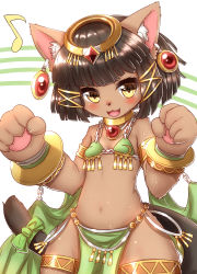 Rule 34 | 1girl, :3, animal ear fluff, animal ears, animal hands, animal nose, bare shoulders, bastet (fullbokko heroes), blunt bangs, blush, bob cut, body fur, bow, brown hair, cat ears, cat girl, cat tail, chain, choker, claws, cowboy shot, crystal, earrings, egyptian, fang, female focus, flat chest, fullbokko heroes, furry, furry female, gem, gold, green bow, hagoromo, hair ornament, halo, hands up, happy, highres, horokusa (korai), jewelry, loincloth, looking at viewer, musical note, navel, necklace, open mouth, paw pose, pawpads, red gemstone, shawl, short hair, sidelocks, simple background, smile, solo, standing, stomach, striped, striped background, sweat, tail, tail bow, tail ornament, tassel, thigh strap, two-tone background, white background, wide hips, x hair ornament, yellow choker, yellow eyes