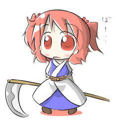 Rule 34 | 1girl, aoblue, chibi, female focus, full body, onozuka komachi, red eyes, red hair, scythe, short hair, simple background, solo, standing, touhou, twintails, two side up, white background