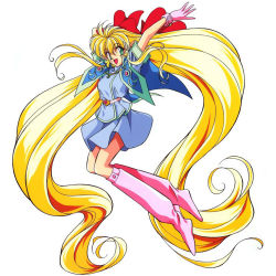 Rule 34 | 1990s (style), 1girl, absurdly long hair, arms up, blonde hair, boots, bow, gloves, green eyes, hair ribbon, long hair, official art, open mouth, ren (yousei hime ren), retro artstyle, ribbon, sidelocks, skirt, solo, twintails, very long hair, yousei hime ren