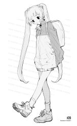 1girl aikatsu!_(series) aikatsu_friends! backpack bad_id bad_twitter_id bag full_body greyscale highres hinata_ema_(aikatsu_friends!) inactive_account jacket long_hair long_sleeves looking_down monochrome shoes sneakers socks solo standing standing_on_one_leg suiso_(owp) twintails very_long_hair white_background