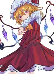Rule 34 | 1girl, adapted costume, arm up, ascot, blonde hair, closed mouth, cowboy shot, crystal, flandre scarlet, frilled skirt, frills, hair between eyes, hat, holding, holding polearm, holding weapon, laevatein (touhou), long sleeves, looking at viewer, medium hair, mob cap, multicolored wings, nari (bikkii), polearm, red eyes, red ribbon, red skirt, red vest, ribbon, ribbon-trimmed headwear, ribbon trim, shirt, simple background, skirt, solo, touhou, vest, weapon, white background, white hat, white shirt, wings, yellow ascot
