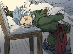Rule 34 | 2boys, arm behind back, arm grab, bad id, bad pixiv id, blood, blue eyes, blue hair, blue pants, brown gloves, bruise, bruise on face, camus (dq11), chair, clenched teeth, clothed sex, clothes pull, commentary request, dragon quest, earrings, fingerless gloves, gloves, green robe, implied anal, implied sex, injury, jewelry, kneeling, looking at viewer, male focus, mondi hl, multiple boys, one eye closed, pants, pants pull, rape, restrained, robe, short hair, sitting, solo focus, spiked hair, teeth, yaoi