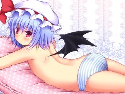 Rule 34 | 1girl, ass, back, bat wings, blue hair, blue panties, blush, female focus, frilled pillow, frills, hat, hat ribbon, highres, looking at viewer, lying, no pants, on stomach, panties, pillow, pink eyes, polka dot, remilia scarlet, rena (riries), ribbon, solo, striped clothes, striped panties, topless, touhou, underwear, wings
