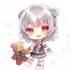 Rule 34 | :3, ascot, bear, blue skirt, blunt bangs, bow, bowtie, chibi, commentary, double bun, full body, grey hair, grey sweater, hair bun, highres, holding, holding hands, holding toy, horns, jacket, kneehighs, koharu rikka, lakiston, looking at viewer, open mouth, pink bow, pink bowtie, pleated skirt, school uniform, short hair, single horn, skirt, smile, socks, solo, standing, star (symbol), star print, striped bow, striped bowtie, striped clothes, striped neckwear, stuffed animal, stuffed toy, sweater, teddy bear, toy, voiceroid, wings, yellow eyes, yuduki