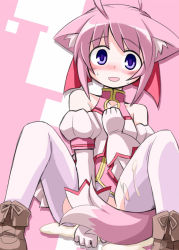 Rule 34 | 10s, 1girl, aftersex, ahoge, animal ear fluff, animal ears, bare shoulders, blush, cum, dog days, dog ears, dog girl, dog tail, kugelschreiber, millhiore f. biscotti, pantyhose, pink hair, purple eyes, solo, tail, torn clothes, torn pantyhose