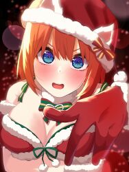 Rule 34 | 1girl, airo, arm under breasts, bare shoulders, blush, bow, bowtie, bra, breasts, christmas, cleavage, close-up, commentary request, eyebrows hidden by hair, eyelashes, fur-trimmed gloves, fur choker, fur trim, gloves, go-toubun no hanayome, green bow, green bowtie, green bra, hair between eyes, hand up, hat, hat bow, highres, large breasts, lens flare, light particles, looking at viewer, medium hair, nakano yotsuba, open mouth, orange hair, pom pom (clothes), red background, red bow, santa costume, santa gloves, santa hat, sidelighting, simple background, solo, straight-on, straight hair, teeth, underwear, upper teeth only, v-shaped eyebrows, white fur, wide-eyed