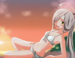 Rule 34 | 10s, 1girl, asashimo (kancolle), bikini, fang, gradient background, hair over one eye, kantai collection, long hair, looking at viewer, rokunashi (trick69), solo, swimsuit