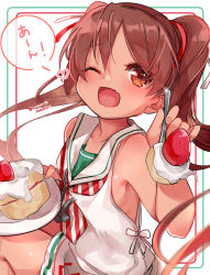 Rule 34 | 1girl, blush, brown eyes, brown hair, cake, dark-skinned female, dark skin, dated, dress, fang, food, fruit, hair ribbon, heart, holding, holding plate, holding spoon, kantai collection, libeccio (kancolle), long hair, megane poni, one-hour drawing challenge, one eye closed, open mouth, plate, ribbon, sailor collar, sailor dress, simple background, skin fang, solo, spoon, strawberry, striped neckwear, twintails, twitter username
