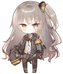 Rule 34 | 1girl, armband, black footwear, black gloves, black jacket, black ribbon, blush, boots, brown eyes, brown hair, brown pantyhose, chibi, closed mouth, commentary request, dress shirt, fingernails, full body, girls&#039; frontline, gloves, grey skirt, gun, h&amp;k ump, h&amp;k ump, hair between eyes, hair ornament, holding, holding gun, holding weapon, jacket, kotatu (akaki01aoki00), long hair, long sleeves, looking at viewer, neck ribbon, hugging object, one side up, open clothes, open jacket, pantyhose, pleated skirt, ribbon, scar, scar across eye, scar on face, shirt, simple background, skirt, solo, standing, submachine gun, ump45 (girls&#039; frontline), very long hair, weapon, white background, white shirt