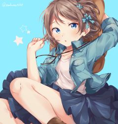 Rule 34 | 1girl, :o, alternate hairstyle, bad id, bad twitter id, blue background, blue eyes, blue jacket, blue ribbon, blue skirt, blush, braid, breast pocket, brown hair, brown hat, collared jacket, commentary request, cowboy hat, cowboy western, hair ribbon, hat, highres, jacket, long sleeves, love live!, love live! school idol festival, love live! sunshine!!, makura (makura0128), playing with own hair, pocket, ribbon, shirt, side braid, skirt, sleeves rolled up, solo, star (symbol), twitter username, watanabe you, white shirt