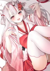 Rule 34 | 1girl, braid, collarbone, detached sleeves, fang, flower, gradient hair, hair flower, hair ornament, highres, hololive, horns, iruka3, long hair, multicolored hair, musical note, nakiri ayame, nakiri ayame (shrine maiden), nontraditional miko, oni, open mouth, red eyes, skin-covered horns, skin fang, streaked hair, thighhighs, virtual youtuber, white hair