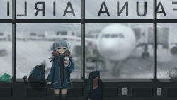 Rule 34 | 1girl, = =, absurdres, advarcher, aircraft, airplane, airport, arm support, backpack, bag, black dress, black thighhighs, blue hair, blue hoodie, blue jacket, blunt bangs, blurry, blurry background, cameo, carrier, cup, disposable cup, domo-kun, dress, drinking straw, gawr gura, grey sky, hair ornament, hand up, highres, holding, holding cup, hololive, hololive english, hood, hoodie, indoors, jacket, long sleeves, medium hair, mirrored text, multicolored hair, open clothes, open jacket, overcast, rain, rectangular mouth, shark hair ornament, sharp teeth, sky, sleeves past wrists, solo, standing, streaked hair, teeth, thighhighs, two side up, virtual youtuber, white hair, wide sleeves, window